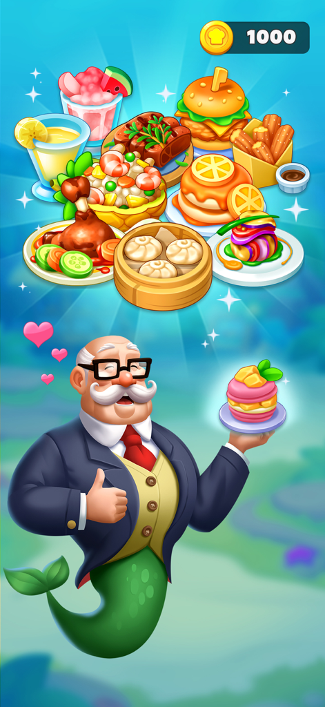 Merge Ocean - Cooking & Decor - A merman character dressed as a chef presenting a selection of gourmet dishes and desserts.