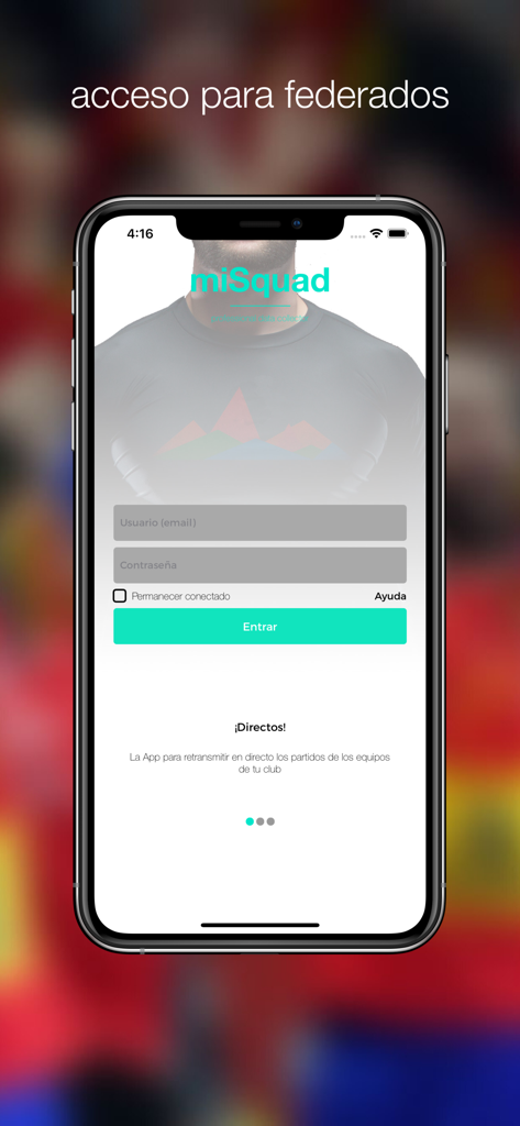 Pantalla de inicio de sesión de la aplicación de gestión deportiva iSquad PDC para entrenadores y miembros federados