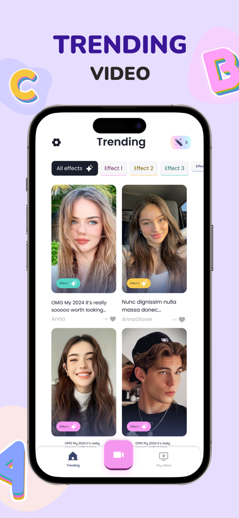 Interface of the Tap Tap Filter Challenge Games app showing trending video effects and various filter options.