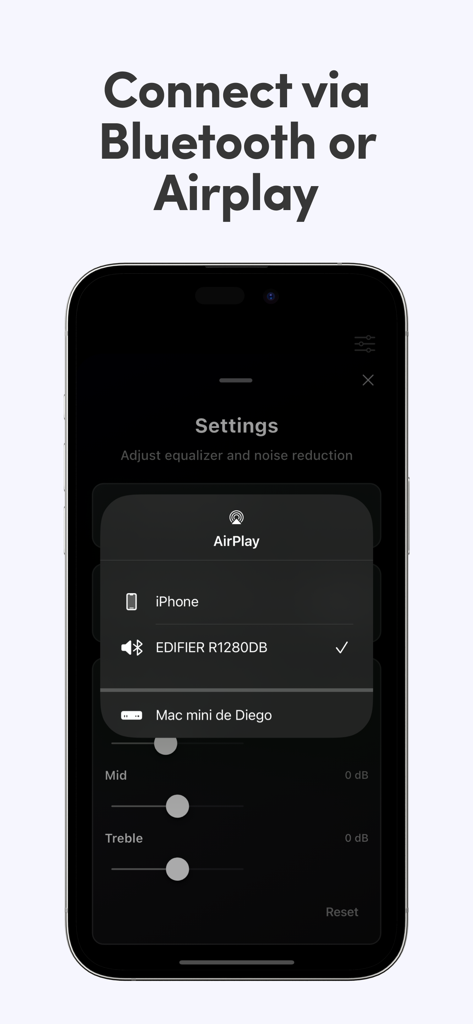 Bluetooth Microphone Live - A smartphone screen showing the Bluetooth Microphone Live app with an AirPlay menu open to select a wireless speaker connection.