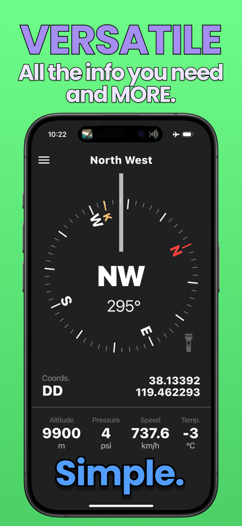 Compass One: Altimeter & GPS - Digital compass interface of Compass One showing altitude, coordinates, and speed data.