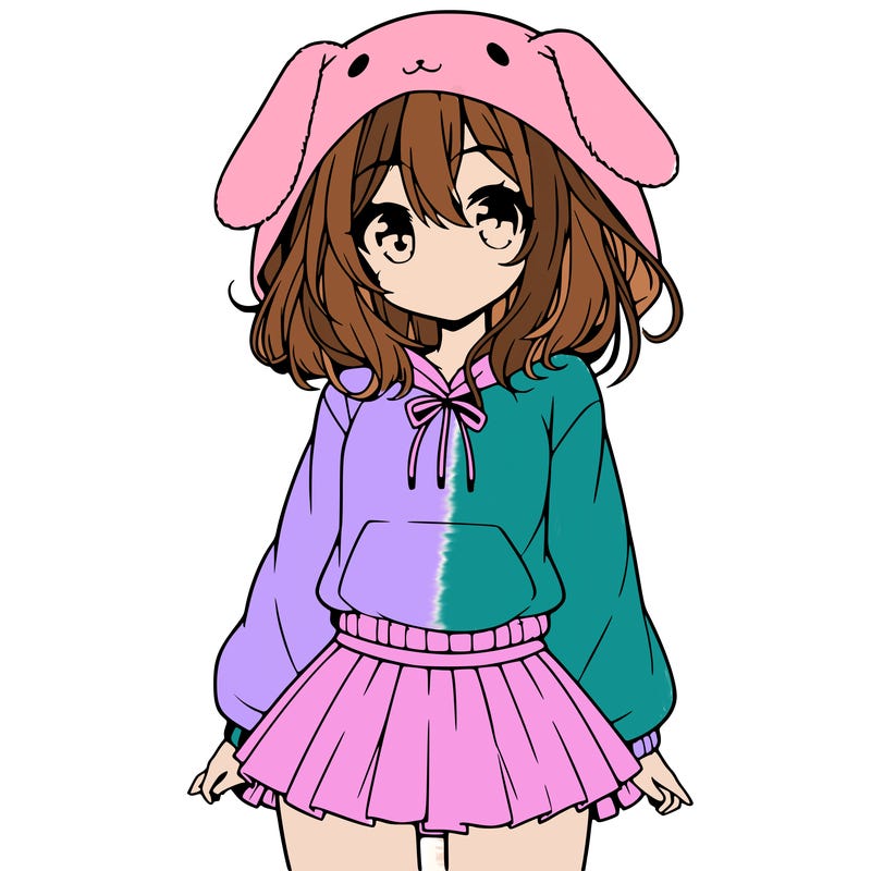 pretty anime girl wearing a fluffy hoodie with bunny ears on the hood and a skirt