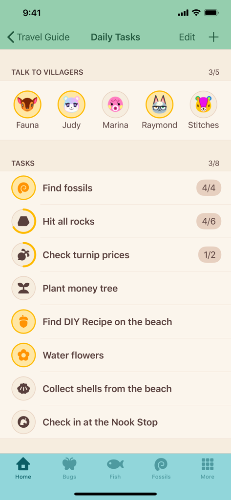 Uma lista de tarefas diárias e interações com moradores no aplicativo Guia de Viagem ACNH.