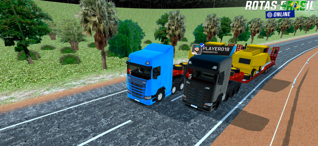 Rotas do Brasil Online - Dos camiones circulando uno al lado del otro en el juego multijugador Rotas do Brasil Online