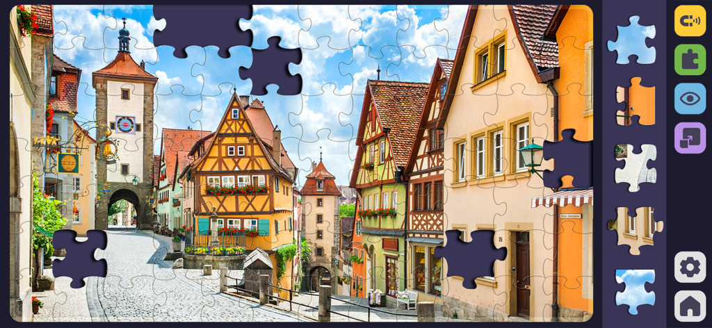 Relax Jigsaw Puzzle for Adults - Interface de jogo de quebra-cabeça digital de uma praça histórica de cidade europeia com peças não colocadas ao lado.