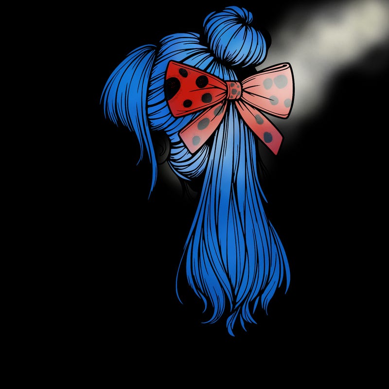 realistic girl  with hip length hair a bun and a big bow on the back of head