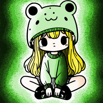 a girl wearing a frog hat and some frog socks