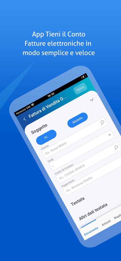 Tieni il Conto - Tela móvel do aplicativo Tieni il Conto mostrando a interface para criação de uma fatura eletrônica de vendas.
