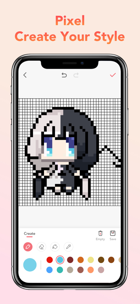 Pixel Art Book：Color By Number - A smartphone showing the pixel art creation interface with an anime character and color palette