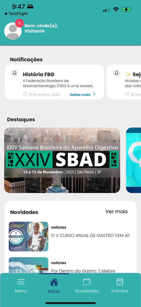 FBG - Gastroenterologia - Pantalla de inicio de la aplicación FBG Gastroenterologia con secciones de notificaciones, destacados y noticias médicas