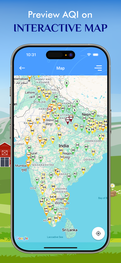 Vista de mapa interactivo de la aplicación del Índice de Calidad del Aire que muestra los niveles de contaminación en tiempo real en diferentes regiones.