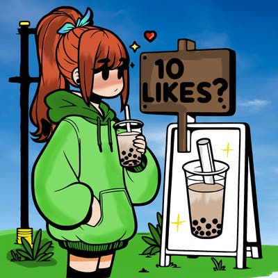 girl with oversized hoodie drinking boba and she has a high ponytail with a sign that says 10likes?