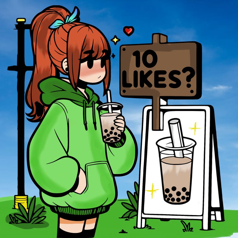 girl with oversized hoodie drinking boba and she has a high ponytail with a sign that says 10likes?