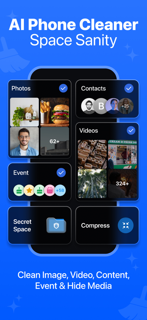 Cleaner for iPhone: Auto Clean - Interfaz de la aplicación Space Sanity AI Phone Cleaner mostrando funciones de limpieza de fotos, videos y contactos.