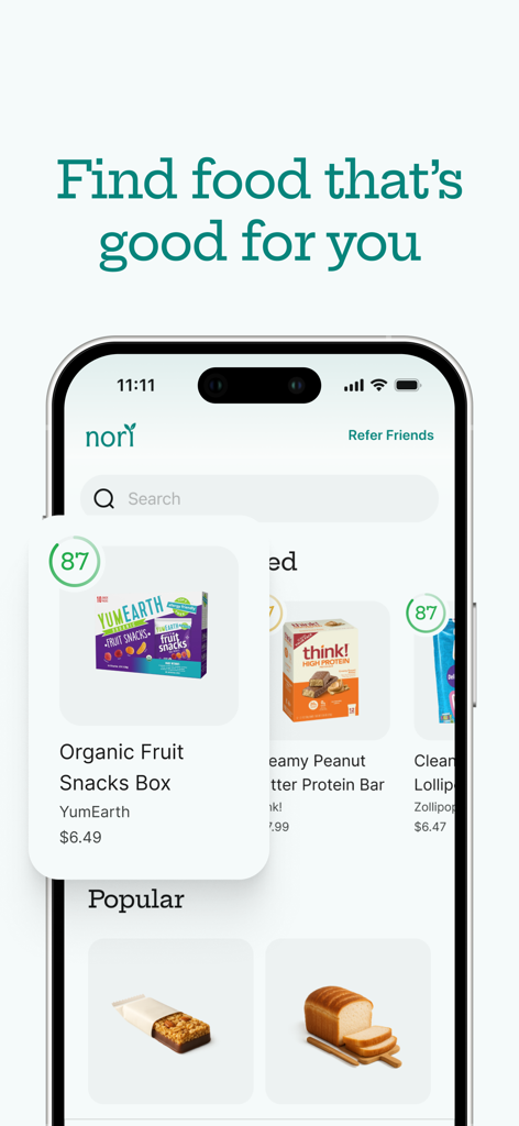 Nori - Scan your food - Nori app interface displaying health scores for organic snacks and protein bars.