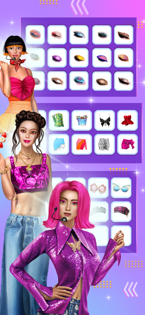 Kpop Dress Up & Fashion Battle - Tela de personalização com opções de maquiagem para os olhos, roupas e acessórios para estilizar ídolos de K-pop.