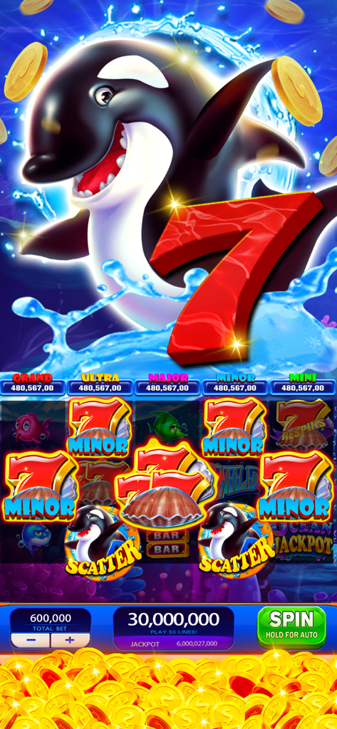 Juego de tragaperras de temática submarina con un personaje orca, sietes de la suerte y montones de monedas de oro