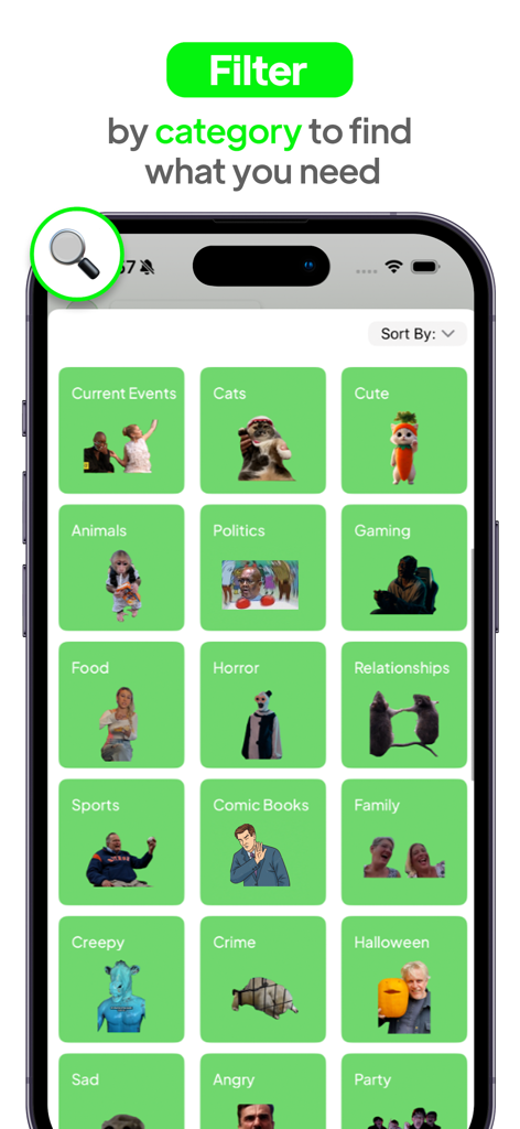 Green Screen Things - A mobile app interface showing a grid of video meme categories like cats, gaming, and sports on green backgrounds.