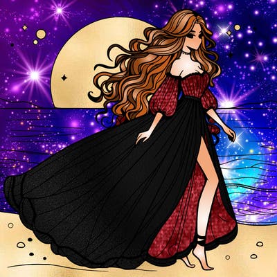 beautiful woman with a vaporous long dress walking on the beach at the noon, detailed art