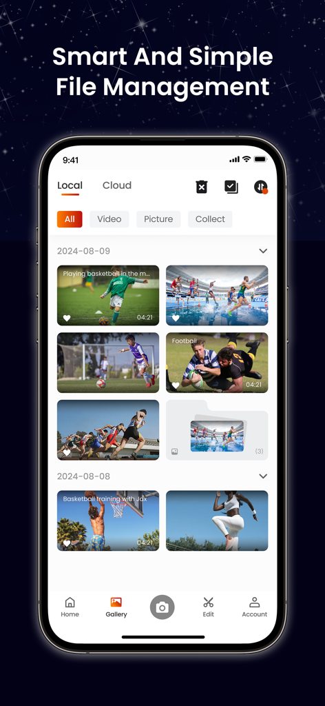 Interfaccia della galleria dell'app XbotGo che mostra video e foto sportive organizzate per archiviazione locale e cloud
