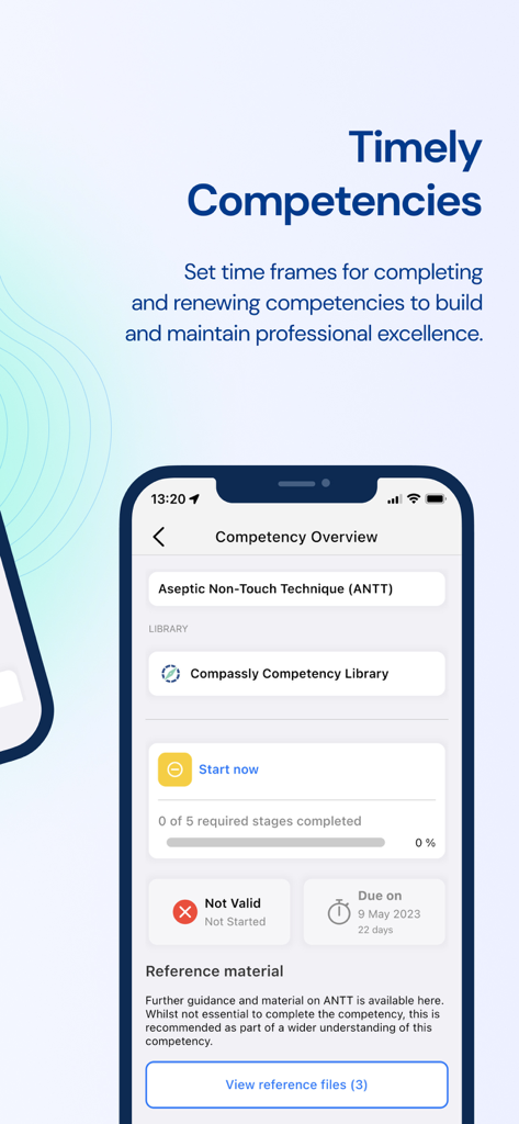 Compassly app screen showing progress tracking for a clinical competency and its due date