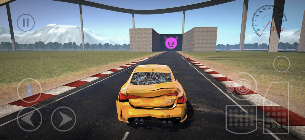 Yellow car with realistic damage driving on a track in WDAMAGE car crash simulator