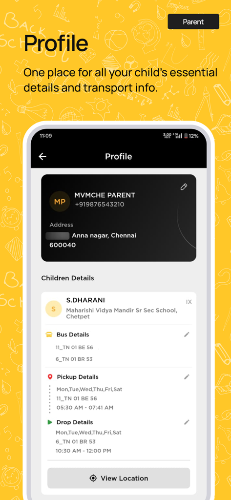 NeoTrack - School Bus Tracking - Profile screen of the NeoTrack app displaying parent contact info and child school bus transport details