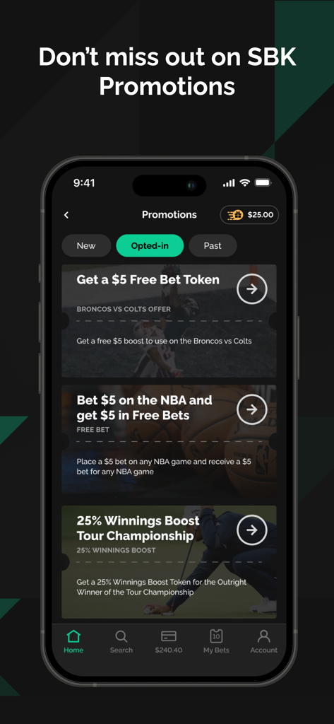 SBKオンラインスポーツブックアプリで、NFLとNBAのフリーベットトークンやゴルフの勝利金ブーストなどの現在のプロモーションが表示されています。