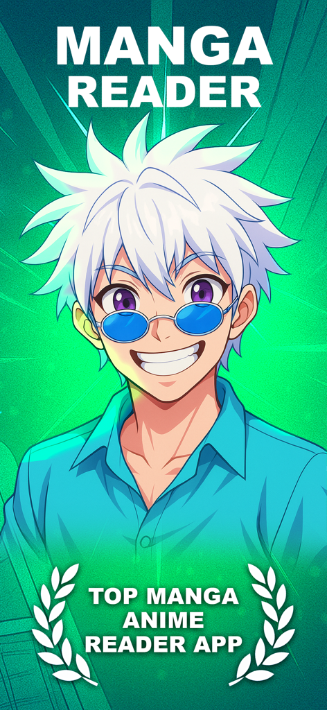 Manga Reader: Webtoon - Manga Reader app splash screen featuring a smiling anime character with white hair and blue sunglasses on a green background