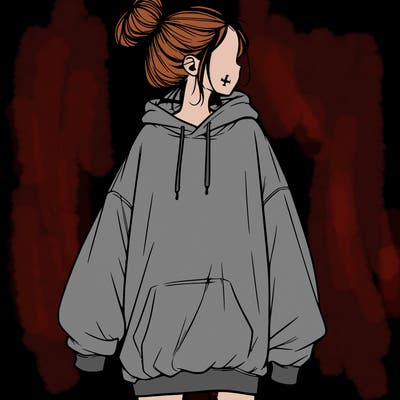 realistic girl with a oversized sweatshirt on and a bun