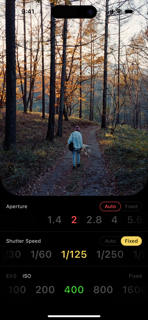 LX - Light Meter - Minimalist light meter app displaying aperture shutter speed and ISO settings over a scenic photo