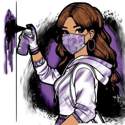 realistic girl with mask spray painting a wall