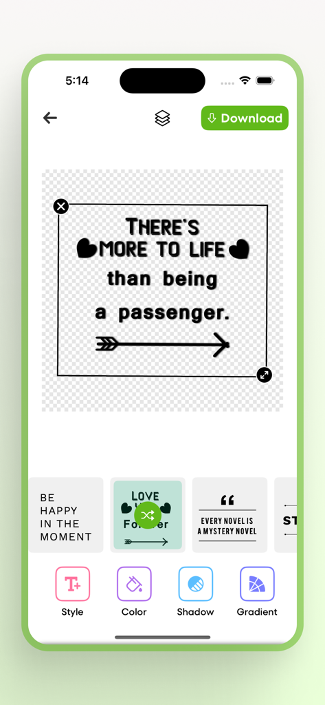 T-Shirt Designer & Printer - スタイルと色の編集ツール、モチベーションを高める引用符を備えたカスタムTシャツデザインを作成するためのモバイルアプリインターフェース