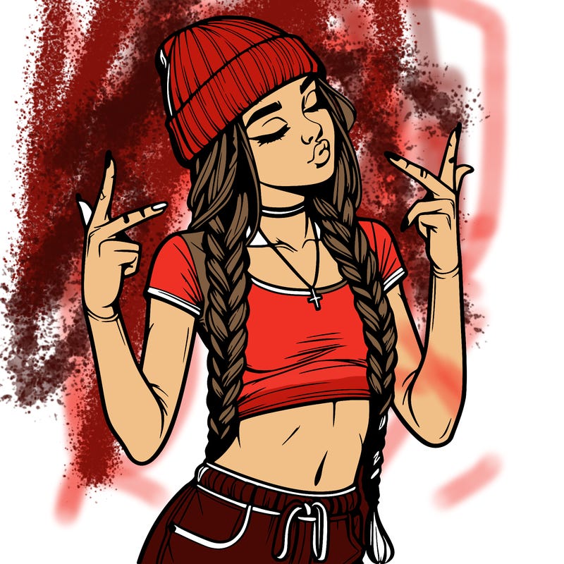 realistic teenage girl with braids and a beanie and crop top doing 🫶🏼