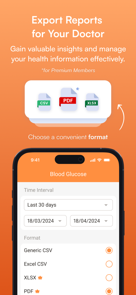 Interface of the MedM app showing how to export blood glucose reports in PDF and CSV formats for doctor visits