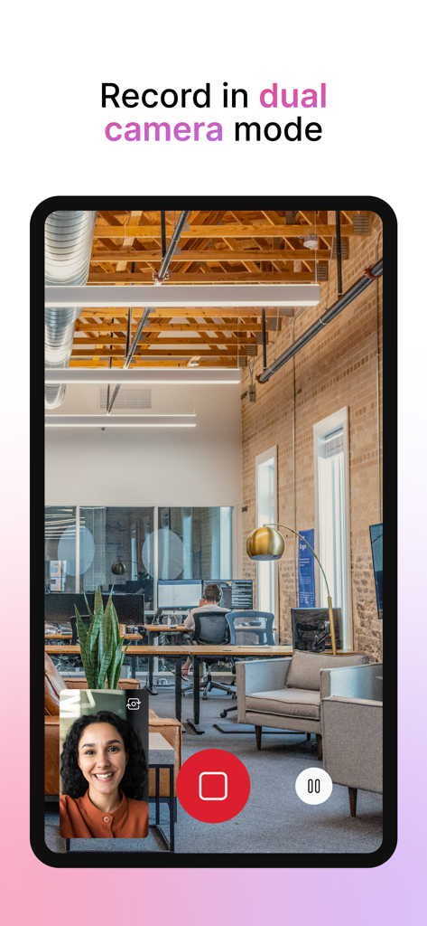 Vidcast by Webex - Vidcast by Webex app interface showing dual camera recording mode in an office setting