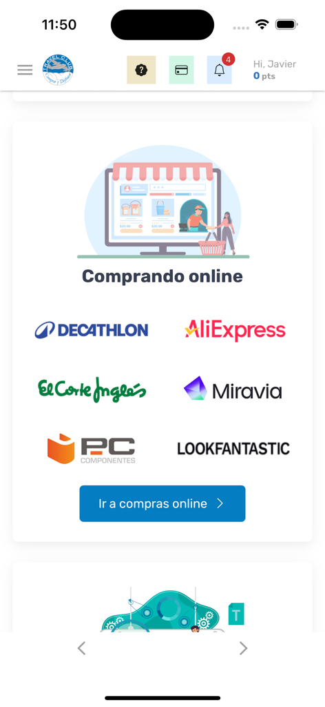 Interfaz de la app Travel Club mostrando socios de compras online como AliExpress y Decathlon