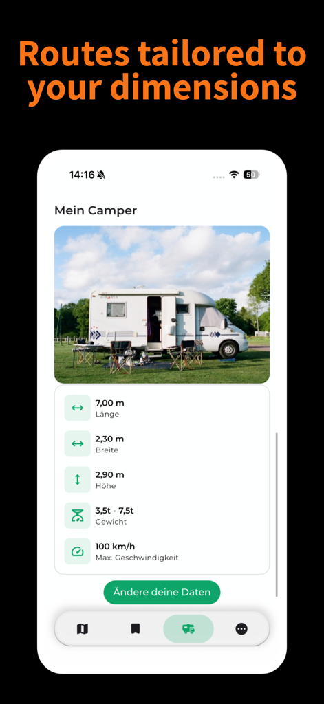 CampPilot Camper Navi - Camper Navi app interface for entering RV height width and weight for safe routing