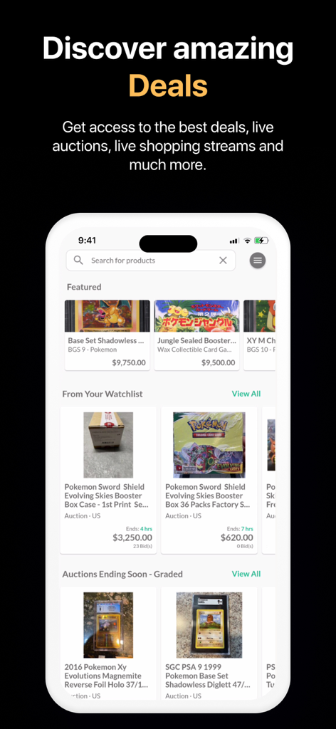Collectr app interface showing featured trading card deals, watchlist auctions, and graded card listings.