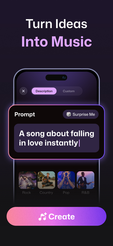AI Song Generator: Magic Music - Una pantalla de smartphone mostrando la interfaz de la aplicación AI Song Generator con una indicación de texto para crear una canción sobre enamorarse.