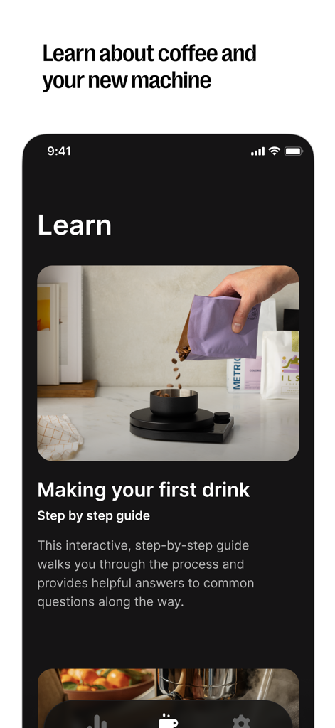 Fellow - A tela Aprender do aplicativo Fellow apresentando um guia passo a passo para fazer sua primeira bebida de café