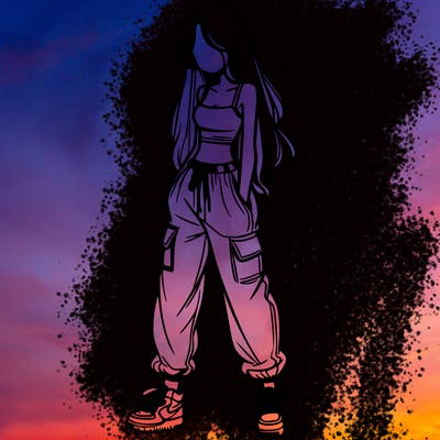 girl in baggy pants crop top and long hair