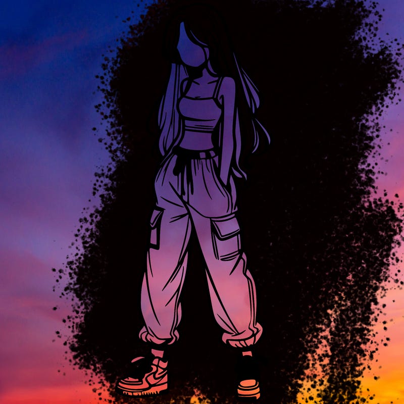 girl in baggy pants crop top and long hair