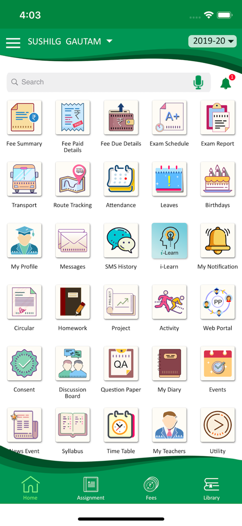 CampusCare - CampusCare app dashboard showing icons for school management including fees attendance and homework
