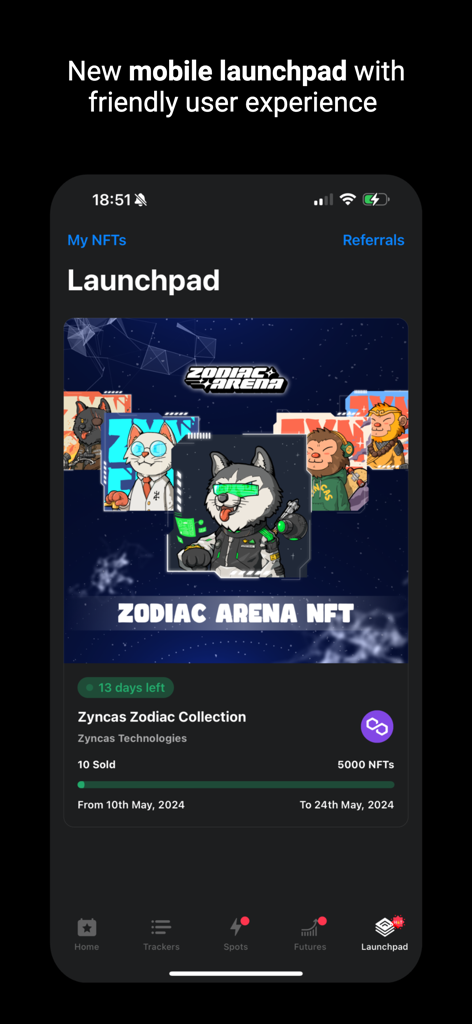 Mobile app interface showing the Zyncas Zodiac NFT collection on a crypto launchpad.