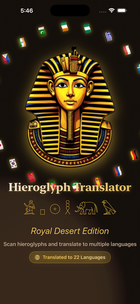 Egyptian-Hieroglyph-AI-Scanner - Home screen of the Hieroglyph Translator app featuring a golden King Tutankhamun mask surrounded by international flags