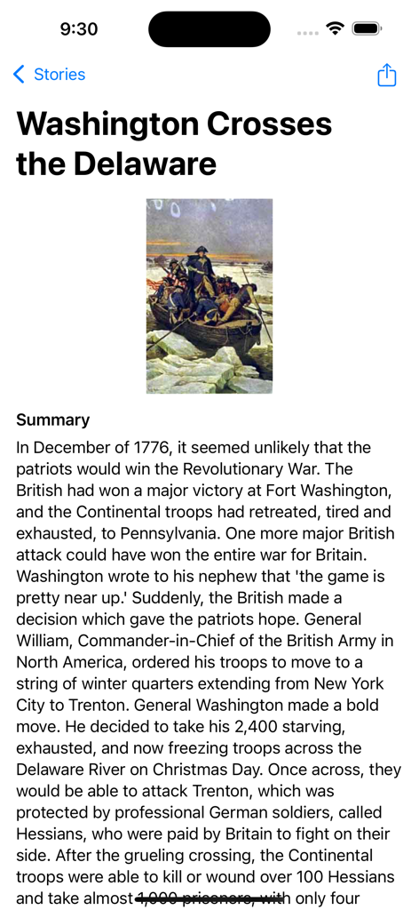 Revolutionary War - A history article about George Washington crossing the Delaware River in the Revolutionary War app