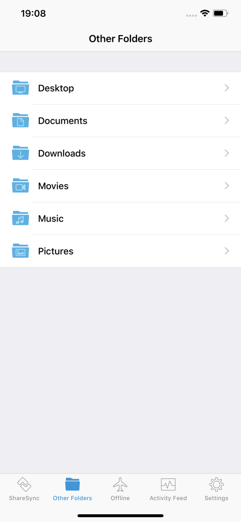Screenshot of the ShareSync app showing a list of synchronized folders including Desktop and Documents for professional file management