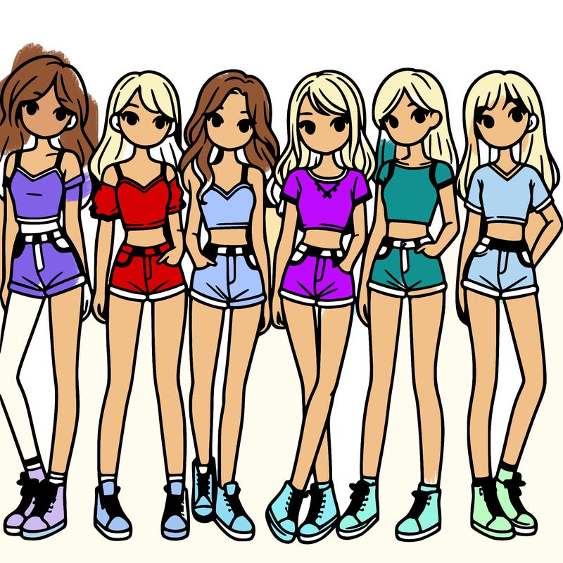 a group of girls wearing crop tops and shorts