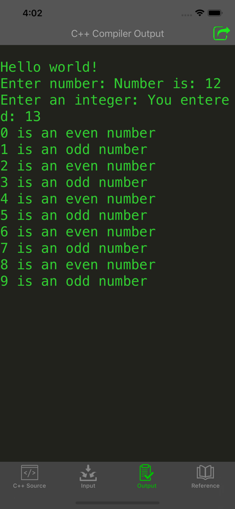 Mobile app screen showing the console output of a C plus plus program execution with green text on a black background